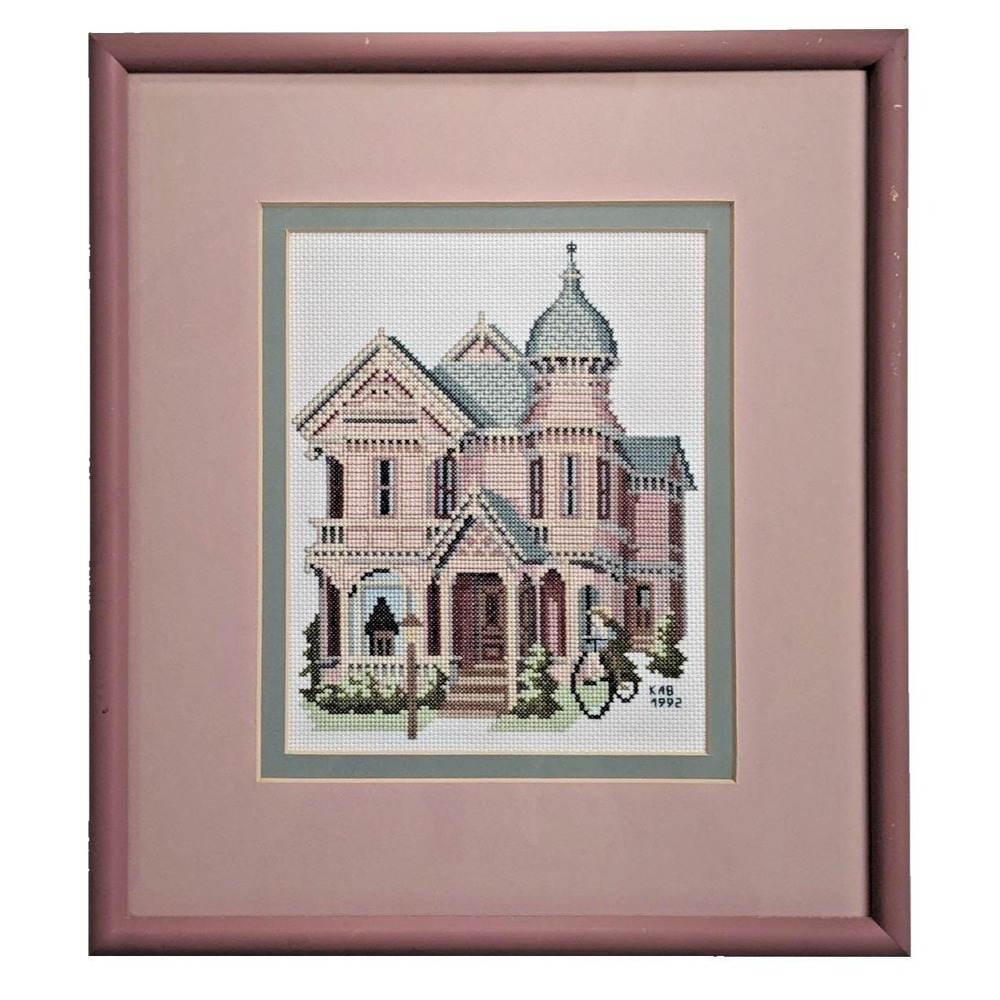 Vintage 1992 Queen Anne Pink Victorian House Cross Stitch Framed Art Signed 15"